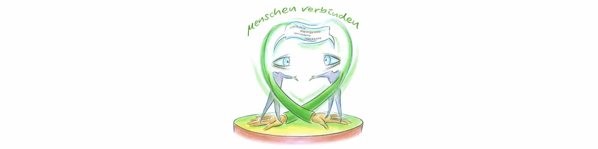 Menschen verbinden Banner Zwei Figuren reichen sich die Hände in einem grünen Herz, darüber der Schriftzug Menschen verbinden