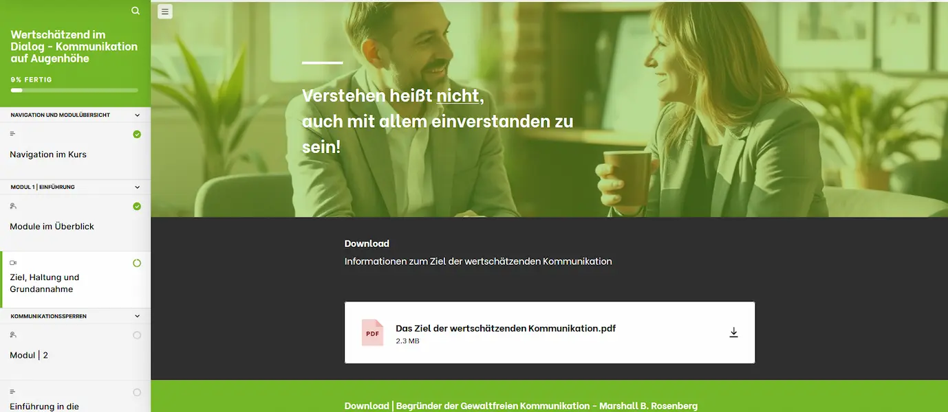 Kursansicht eLearning Wertschätzend im Dialog Bildschirmansicht aus dem eLearning Wertschätzend im Dialog zur GFK: Lektion Ziel, Haltung und Grundannahme mit Kursnavigation und PDF-Download