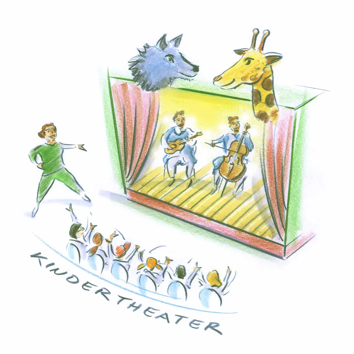 Kindertheater Bühne mit Wolf- und Giraffenfiguren, zwei musizierende Figuren und applaudierendes