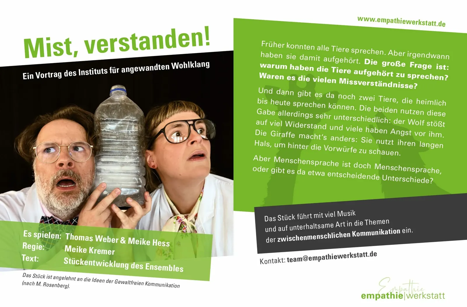Flyer Mist, verstanden! Flyer zum Theaterstück Mist, verstanden! über zwischenmenschliche Kommunikation, mit Thomas Weber und Meike Hess
