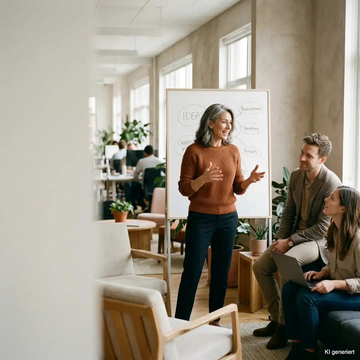 Teamrolle Kreativer Innovator im TMS: Stefanie entwickelt am Flipchart neue Ideen mit dem Team